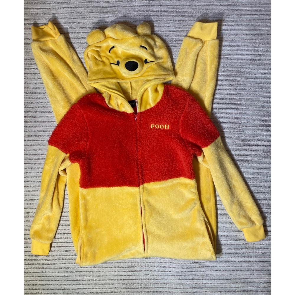 Disney Winnie the Pooh Hooded Fleece Union Suit Pajamas Yellow Red XS 0-2